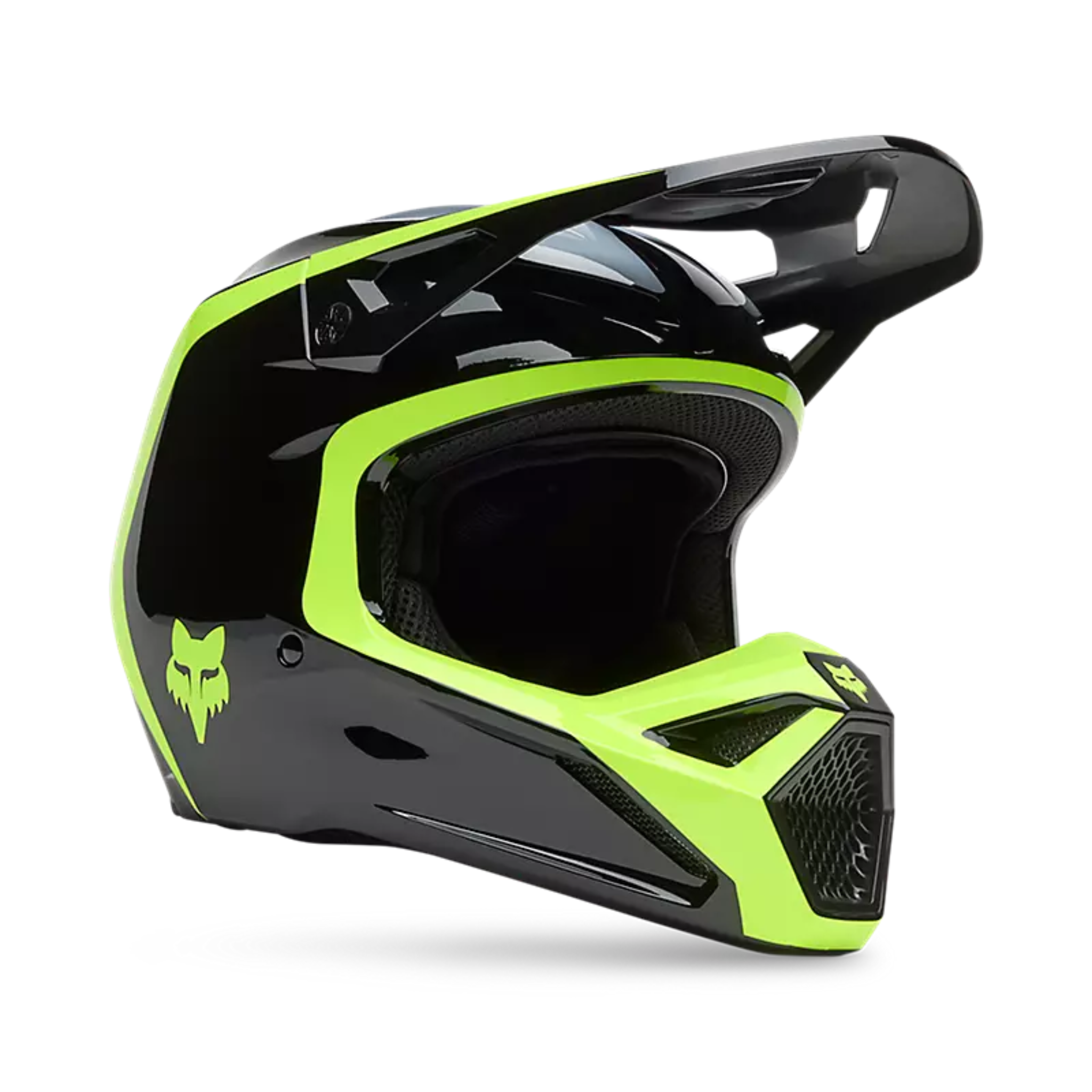 Vista lateral casco Fox V1 Flow amarillo adulto motocross