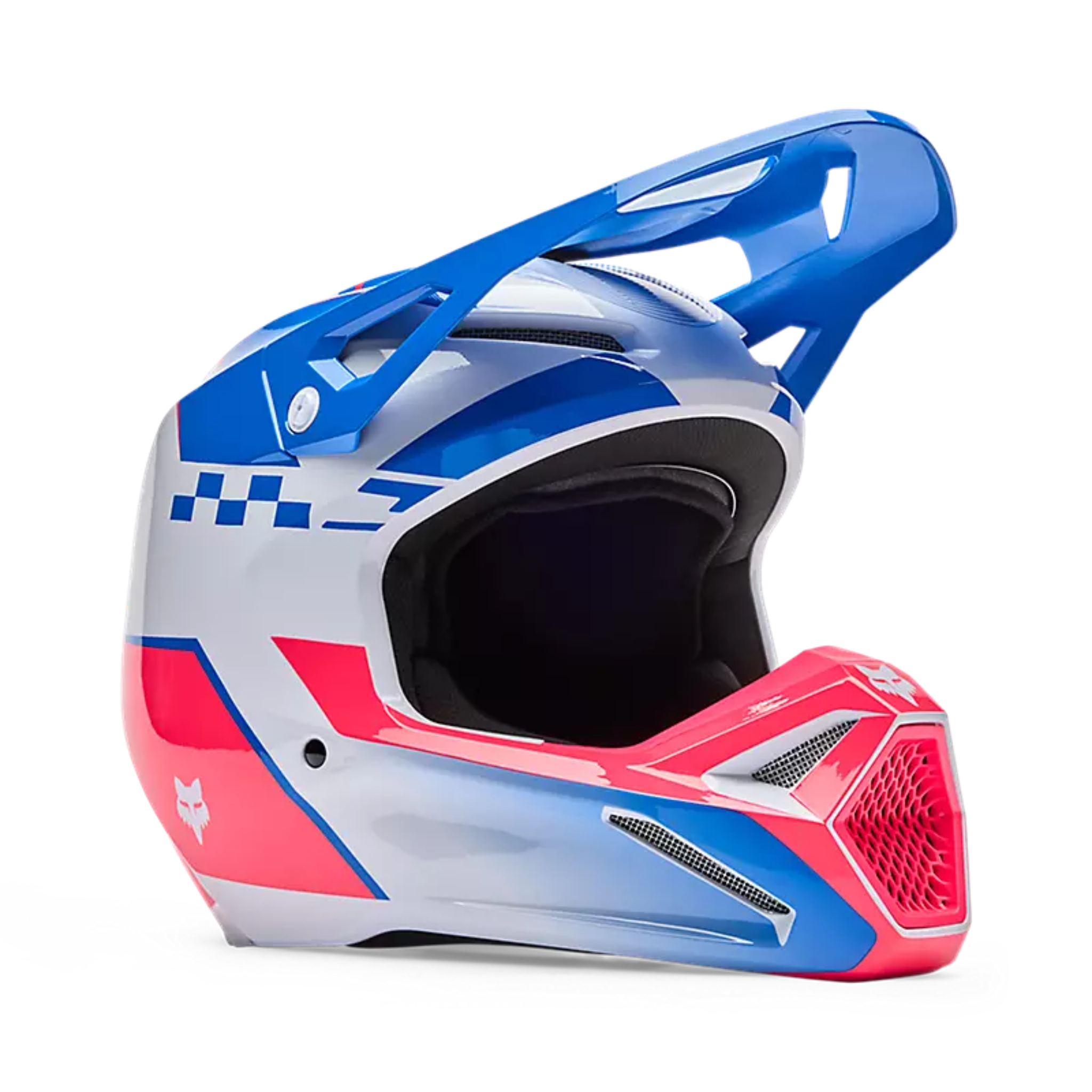 Vista lateral casco Fox Youth V1 Collect rosa niño motocross