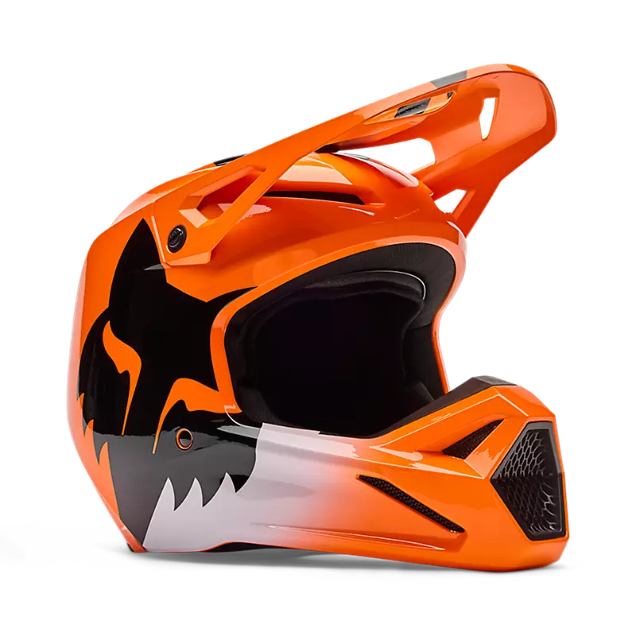 Vista lateral casco Fox Youth V1 Shield naranja niño motocross